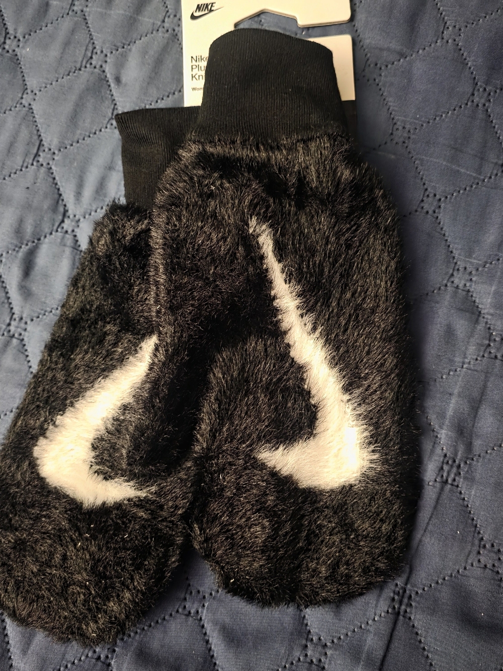 Nike Kids' Black Faux-Fur Mittens with White Swoosh
